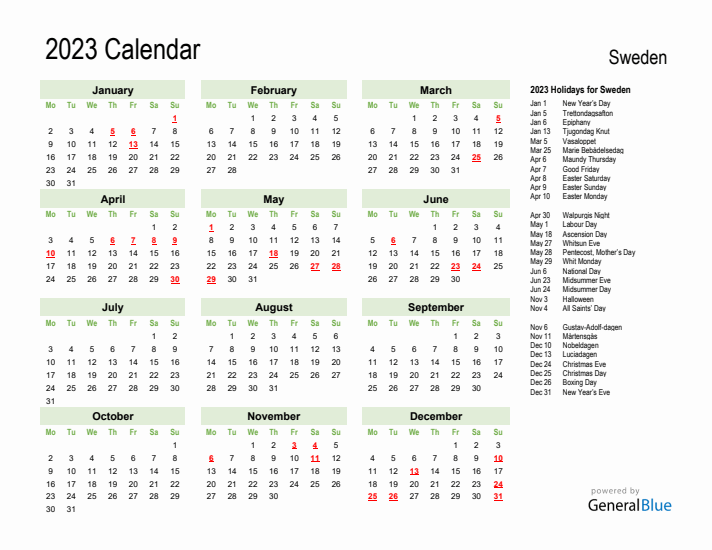 Holiday Calendar 2023 for Sweden (Monday Start)
