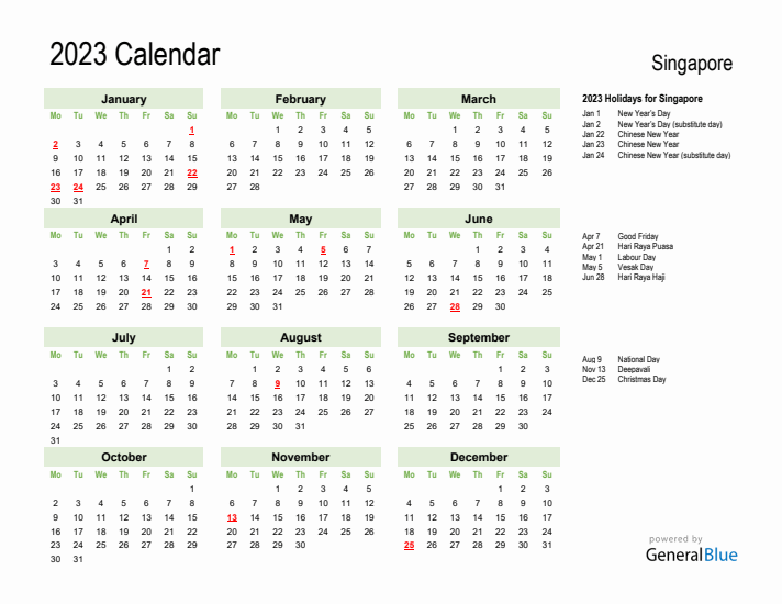 Holiday Calendar 2023 for Singapore (Monday Start)