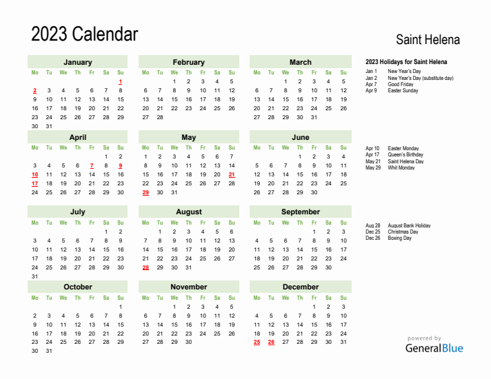 Holiday Calendar 2023 for Saint Helena (Monday Start)