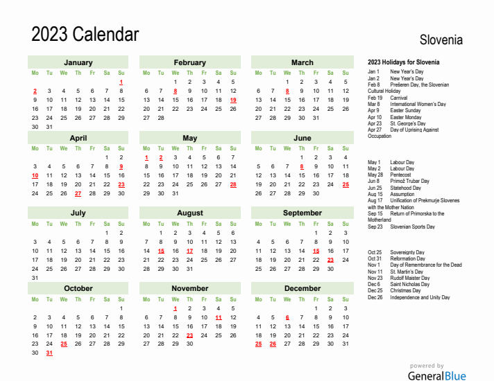 Holiday Calendar 2023 for Slovenia (Monday Start)