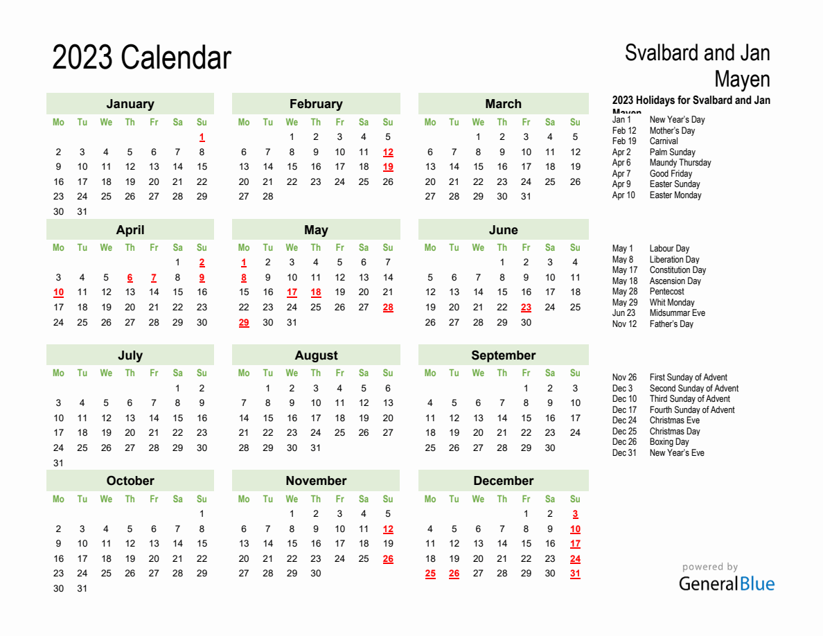 Holiday Calendar 2023 For Svalbard And Jan Mayen Monday Start