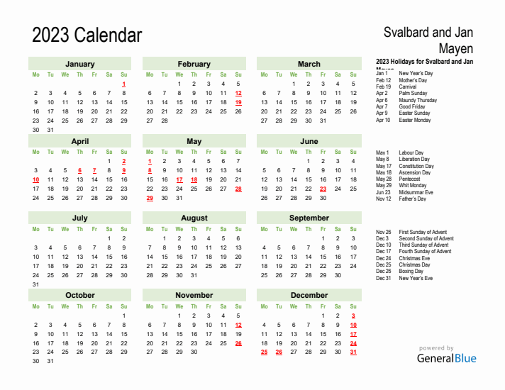 Holiday Calendar 2023 for Svalbard and Jan Mayen (Monday Start)