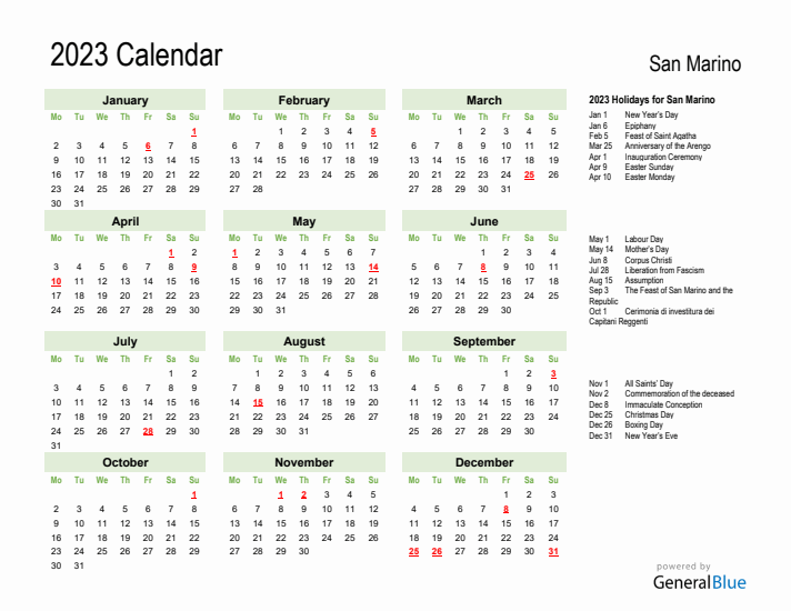 Holiday Calendar 2023 for San Marino (Monday Start)