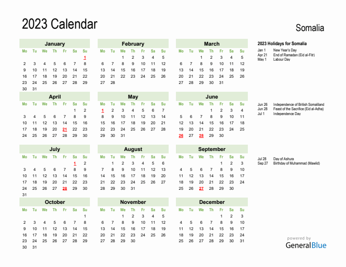 Holiday Calendar 2023 for Somalia (Monday Start)