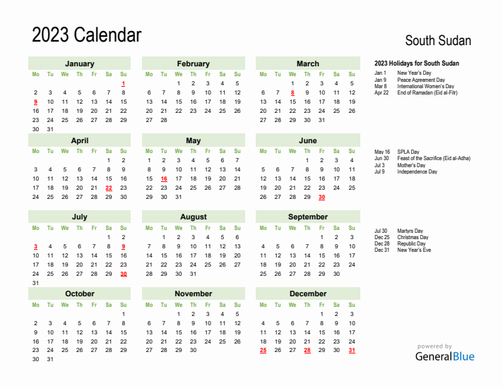 Holiday Calendar 2023 for South Sudan (Monday Start)