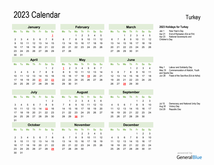 Holiday Calendar 2023 for Turkey (Monday Start)