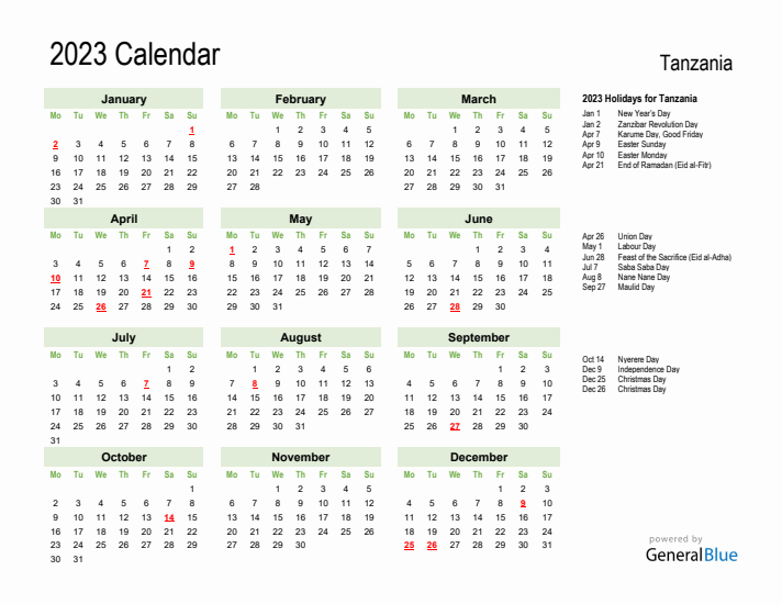Holiday Calendar 2023 for Tanzania (Monday Start)