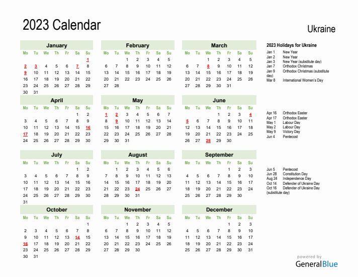 Holiday Calendar 2023 for Ukraine (Monday Start)