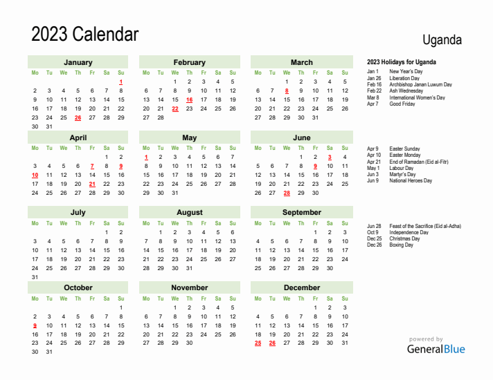 Holiday Calendar 2023 for Uganda (Monday Start)