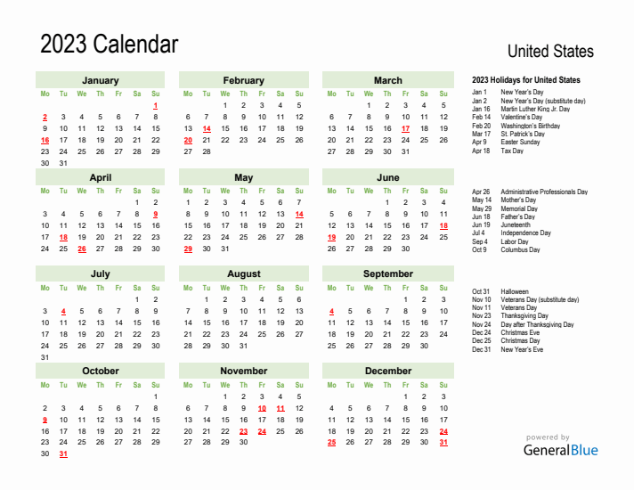 Holiday Calendar 2023 for United States (Monday Start)