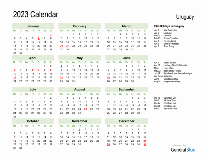 Holiday Calendar 2023 for Uruguay (Monday Start)