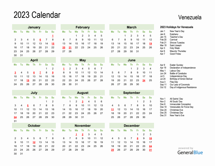 Holiday Calendar 2023 for Venezuela (Monday Start)