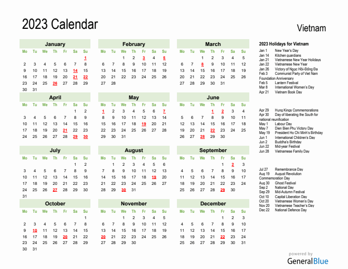 Holiday Calendar 2023 for Vietnam (Monday Start)