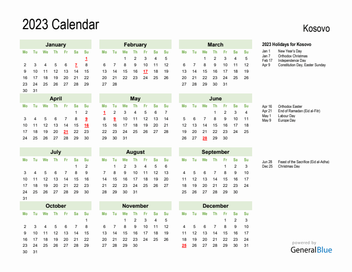 Holiday Calendar 2023 for Kosovo (Monday Start)
