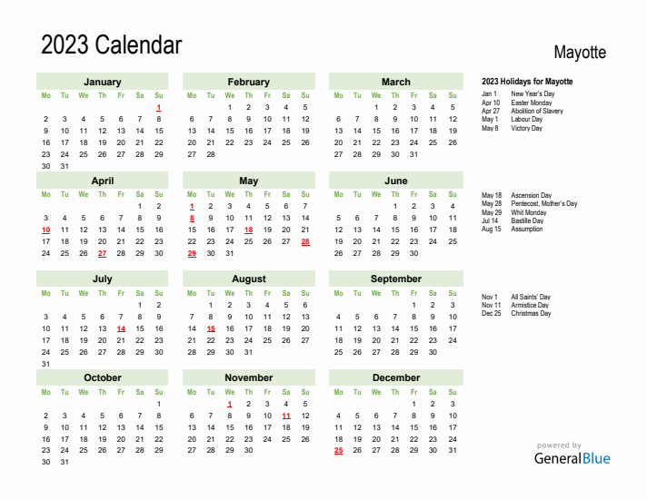Holiday Calendar 2023 for Mayotte (Monday Start)
