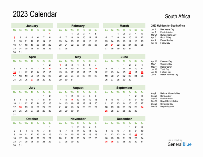 Holiday Calendar 2023 for South Africa (Monday Start)