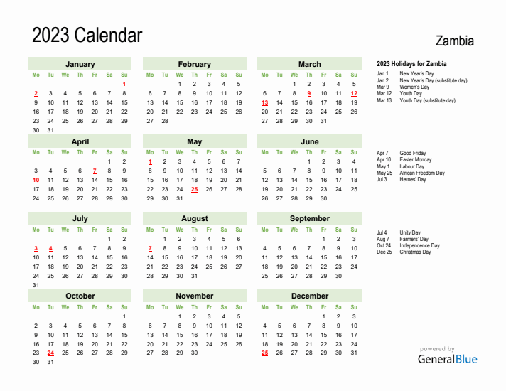 Holiday Calendar 2023 for Zambia (Monday Start)