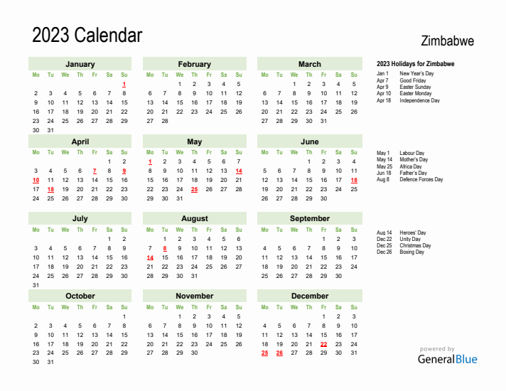 Holiday Calendar 2023 for Zimbabwe (Monday Start)