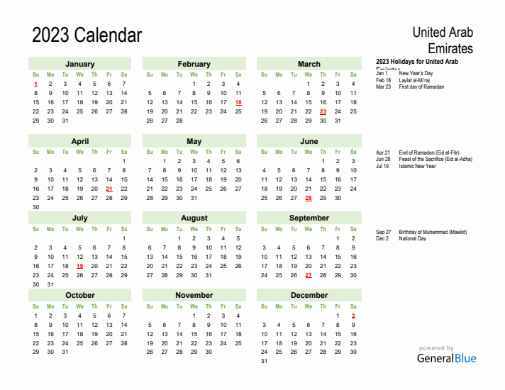 Holiday Calendar 2023 for United Arab Emirates (Sunday Start)