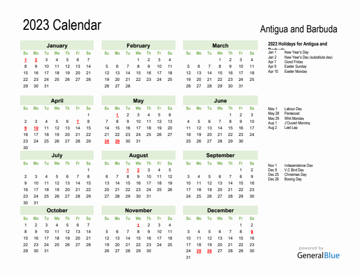 Holiday Calendar 2023 for Antigua and Barbuda (Sunday Start)