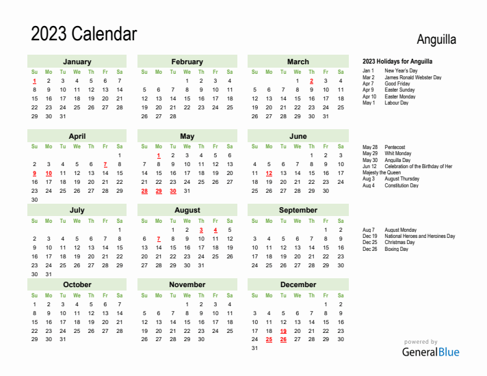Holiday Calendar 2023 for Anguilla (Sunday Start)