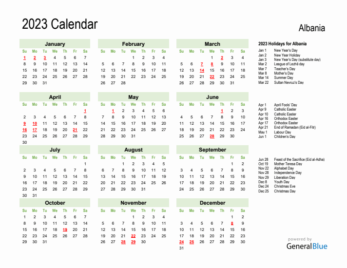 Holiday Calendar 2023 for Albania (Sunday Start)