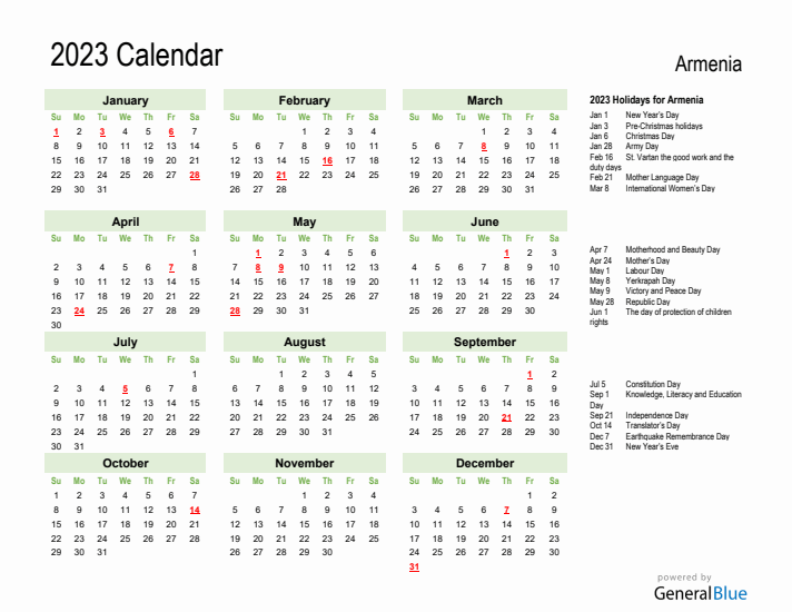 Holiday Calendar 2023 for Armenia (Sunday Start)