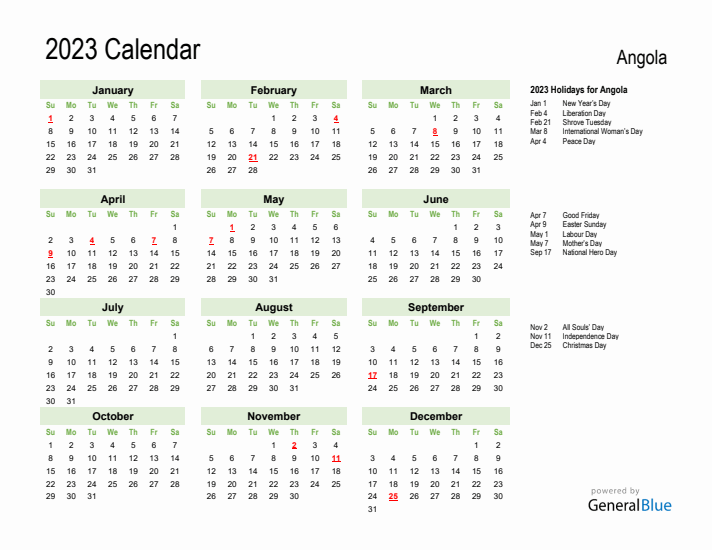 Holiday Calendar 2023 for Angola (Sunday Start)