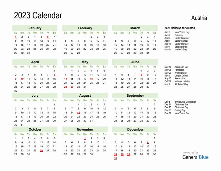 Holiday Calendar 2023 for Austria (Sunday Start)