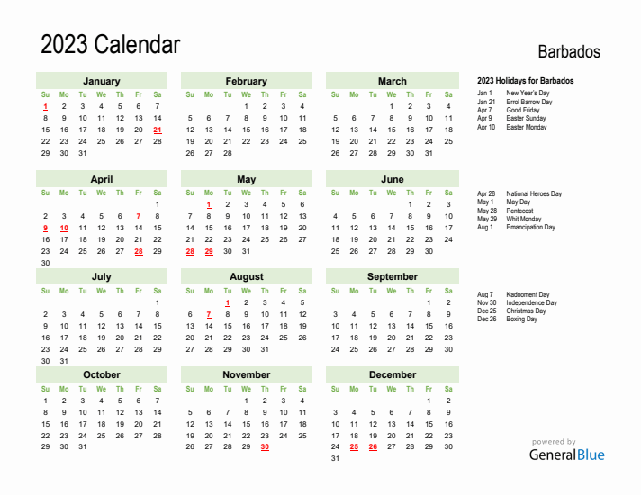 Holiday Calendar 2023 for Barbados (Sunday Start)