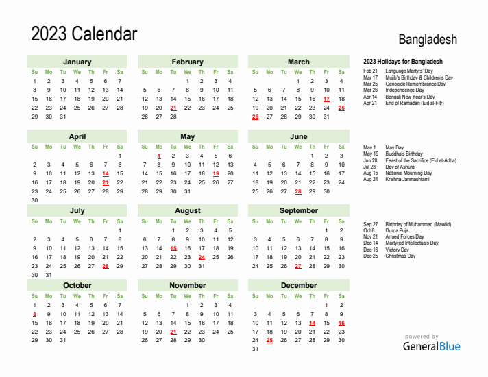 Holiday Calendar 2023 for Bangladesh (Sunday Start)