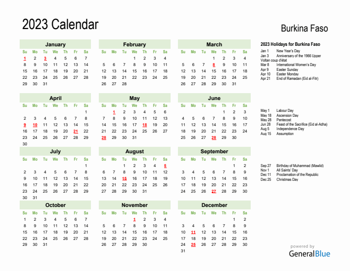 Holiday Calendar 2023 for Burkina Faso (Sunday Start)