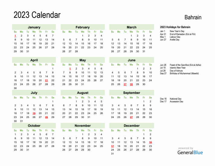 Holiday Calendar 2023 for Bahrain (Sunday Start)