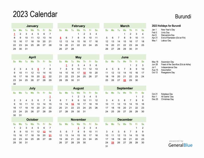 Holiday Calendar 2023 for Burundi (Sunday Start)