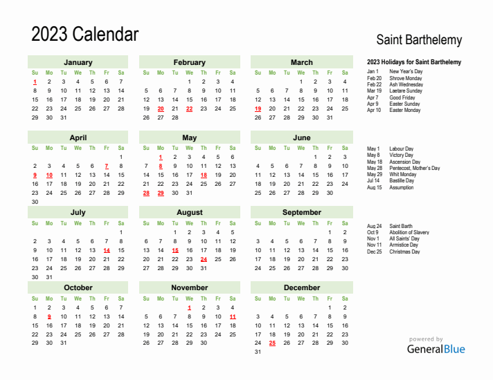 Holiday Calendar 2023 for Saint Barthelemy (Sunday Start)