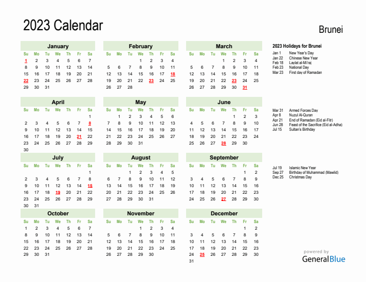 Holiday Calendar 2023 for Brunei (Sunday Start)