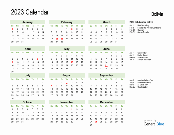 Holiday Calendar 2023 for Bolivia (Sunday Start)