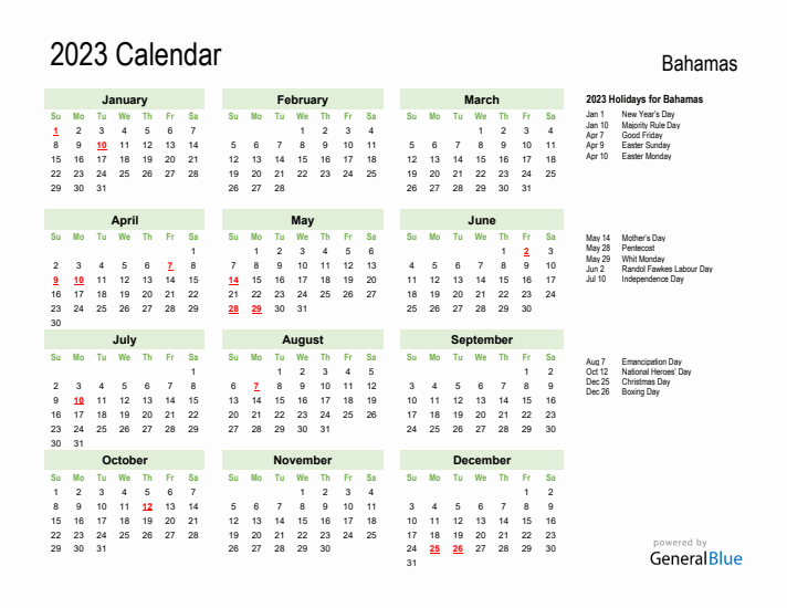 Holiday Calendar 2023 for Bahamas (Sunday Start)