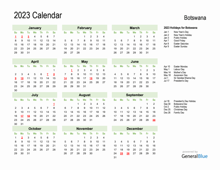 Holiday Calendar 2023 for Botswana (Sunday Start)