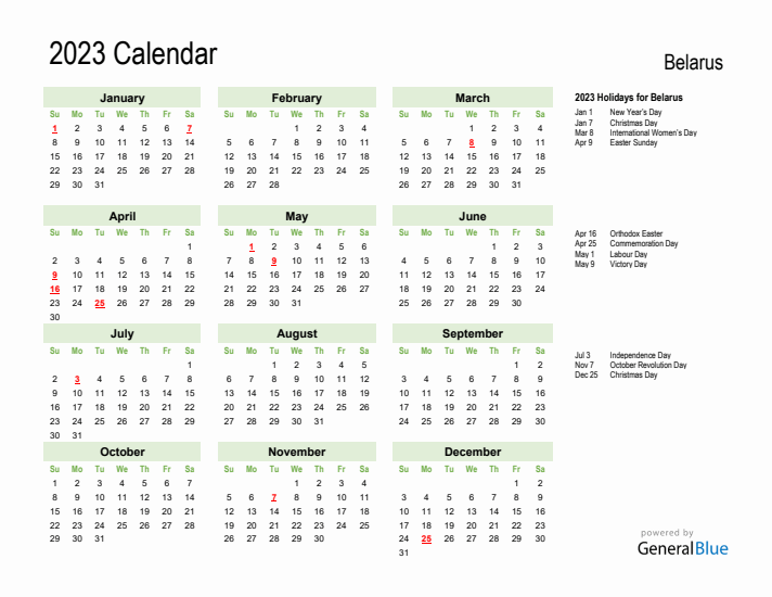 Holiday Calendar 2023 for Belarus (Sunday Start)