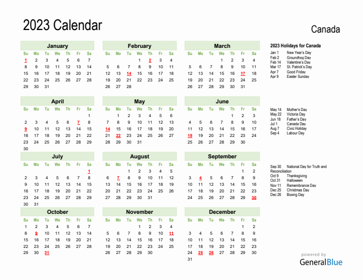 Holiday Calendar 2023 for Canada (Sunday Start)