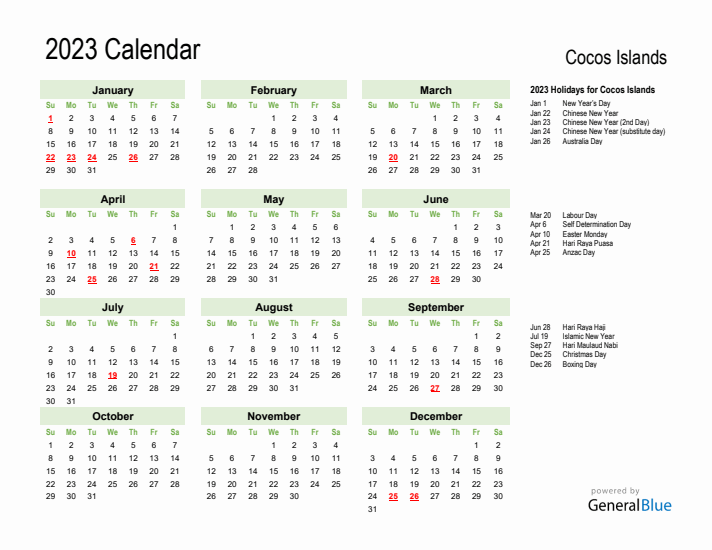 Holiday Calendar 2023 for Cocos Islands (Sunday Start)