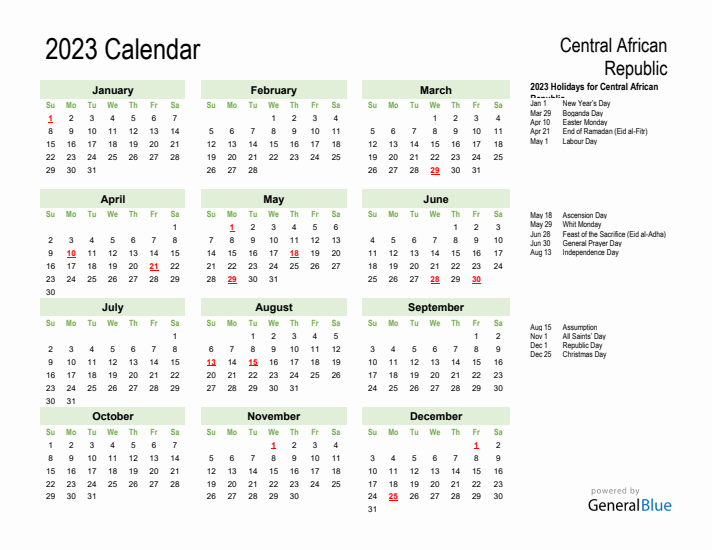 Holiday Calendar 2023 for Central African Republic (Sunday Start)