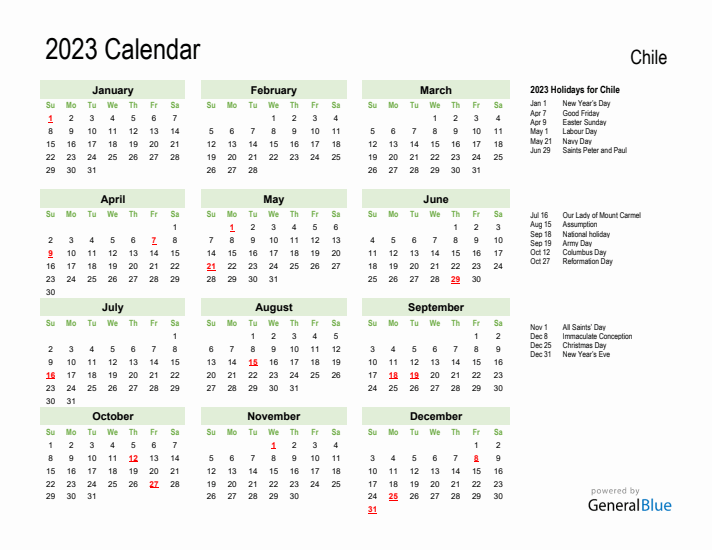 Holiday Calendar 2023 for Chile (Sunday Start)