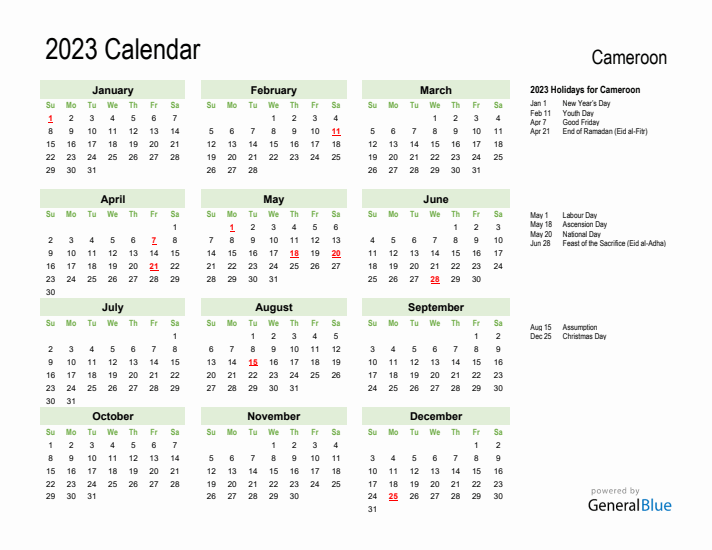 Holiday Calendar 2023 for Cameroon (Sunday Start)