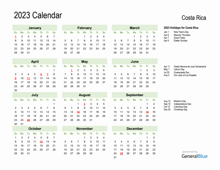 Holiday Calendar 2023 for Costa Rica (Sunday Start)