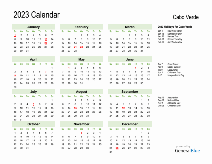 Holiday Calendar 2023 for Cabo Verde (Sunday Start)