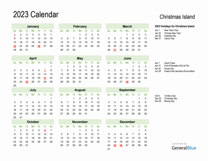 Holiday Calendar 2023 for Christmas Island (Sunday Start)