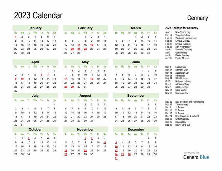 Holiday Calendar 2023 for Germany (Sunday Start)