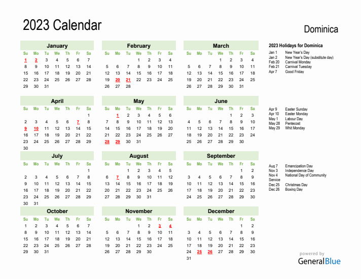 Holiday Calendar 2023 for Dominica (Sunday Start)